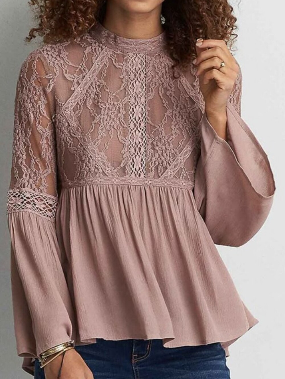 American Eagle Mauve Lace Peplum Long Sleeve Blouse